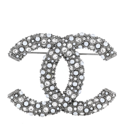 Chanel Crystal Pearl Caviar CC Brooch Silver 1 of 5
