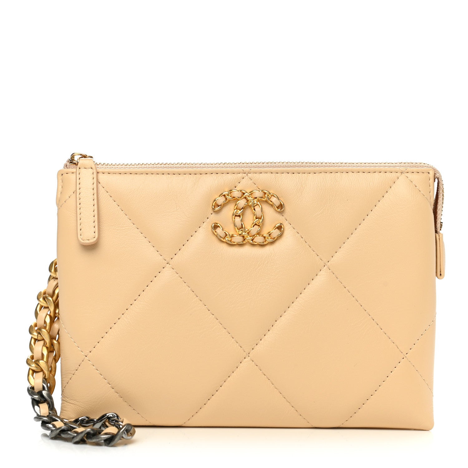 Chanel Shiny Goatskin Quilted Small Chanel 19 Pouch With Handle Beige 1 of 8
