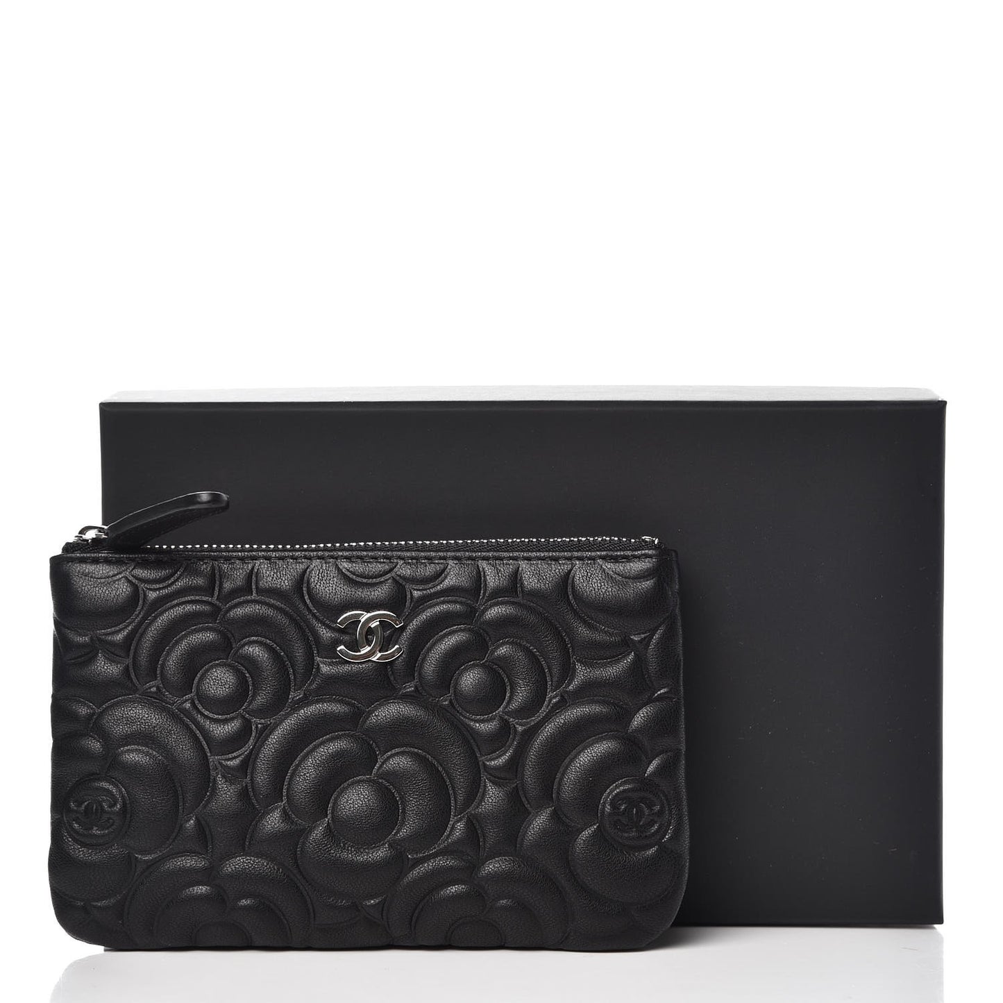 Goatskin Camellia Embossed Cosmetic Pouch Black