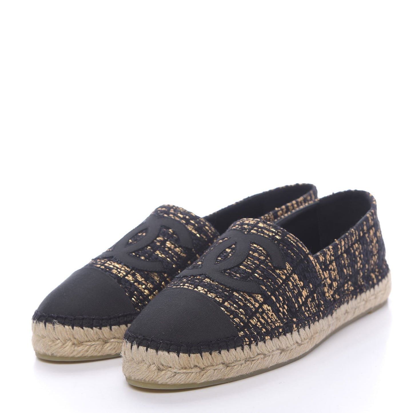 Metallic Tweed Grosgrain CC Espadrilles 42 Black Gold