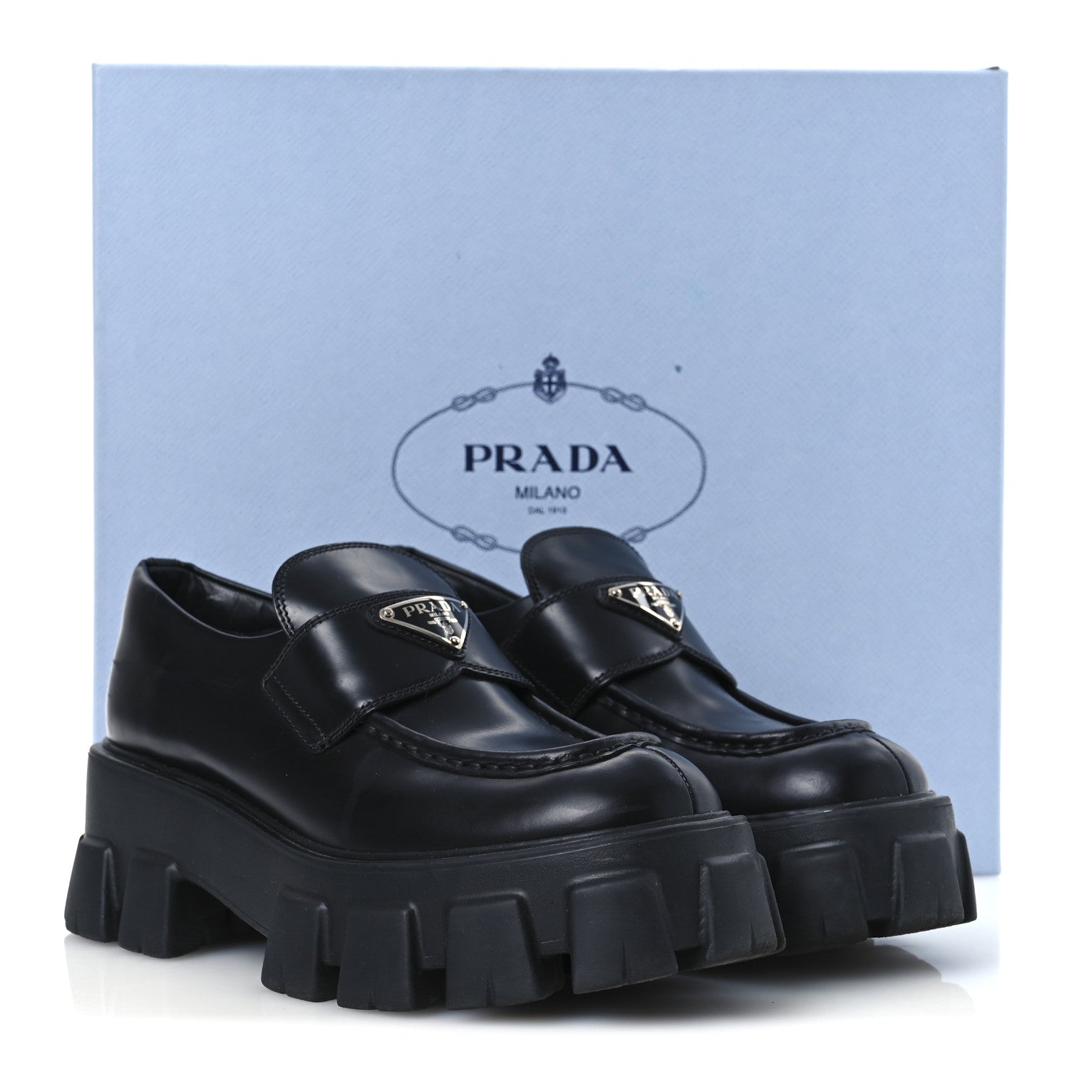 Prada Spazzolato Rois Metal Triangle Logo Monolith 55mm Loafers 37.5 Black 14 of 14