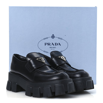 Prada Spazzolato Rois Metal Triangle Logo Monolith 55mm Loafers 37.5 Black 14 of 14