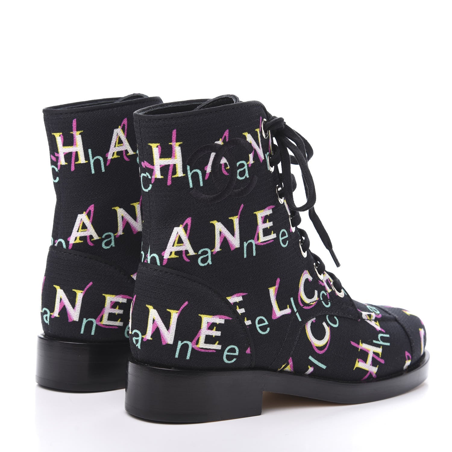 Chanel Tweed Lace Up Short Boots 36 Black Ecru Green Red 4 of 8