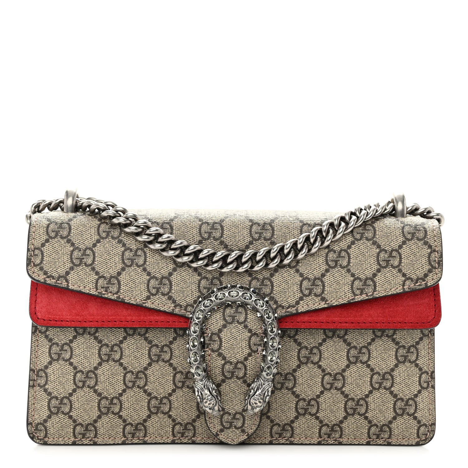 Gucci GG Supreme Monogram Suede Crystal Small Dionysus Shoulder Bag Beige Ebony Vulcanic Red 1 of 10