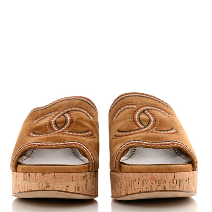 Chanel Suede Calfskin Cork CC Wedge Sandal 36.5 Brown 2 of 8