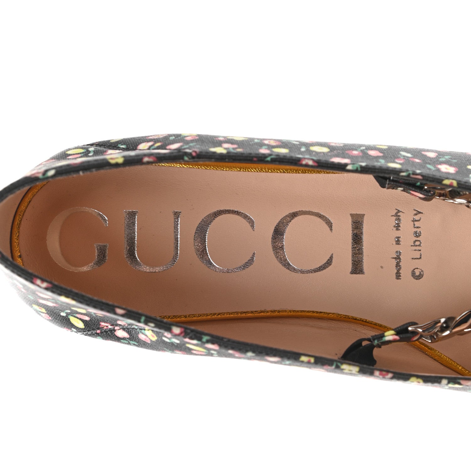 Gucci X LIBERTY OF LONDON Nappa Infinity Holly Deva Horsebit Chain Embellished Flats 37 Black Peach 7 of 9