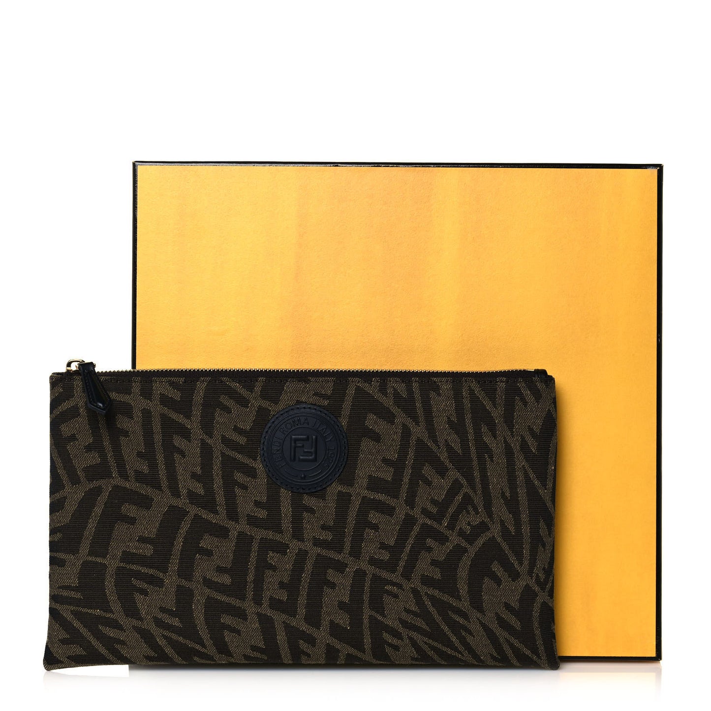 X SARAH COLEMAN Fabric Jacquard Vitello King FF Vertigo Medium Flat Pouch Tobacco Moro Black