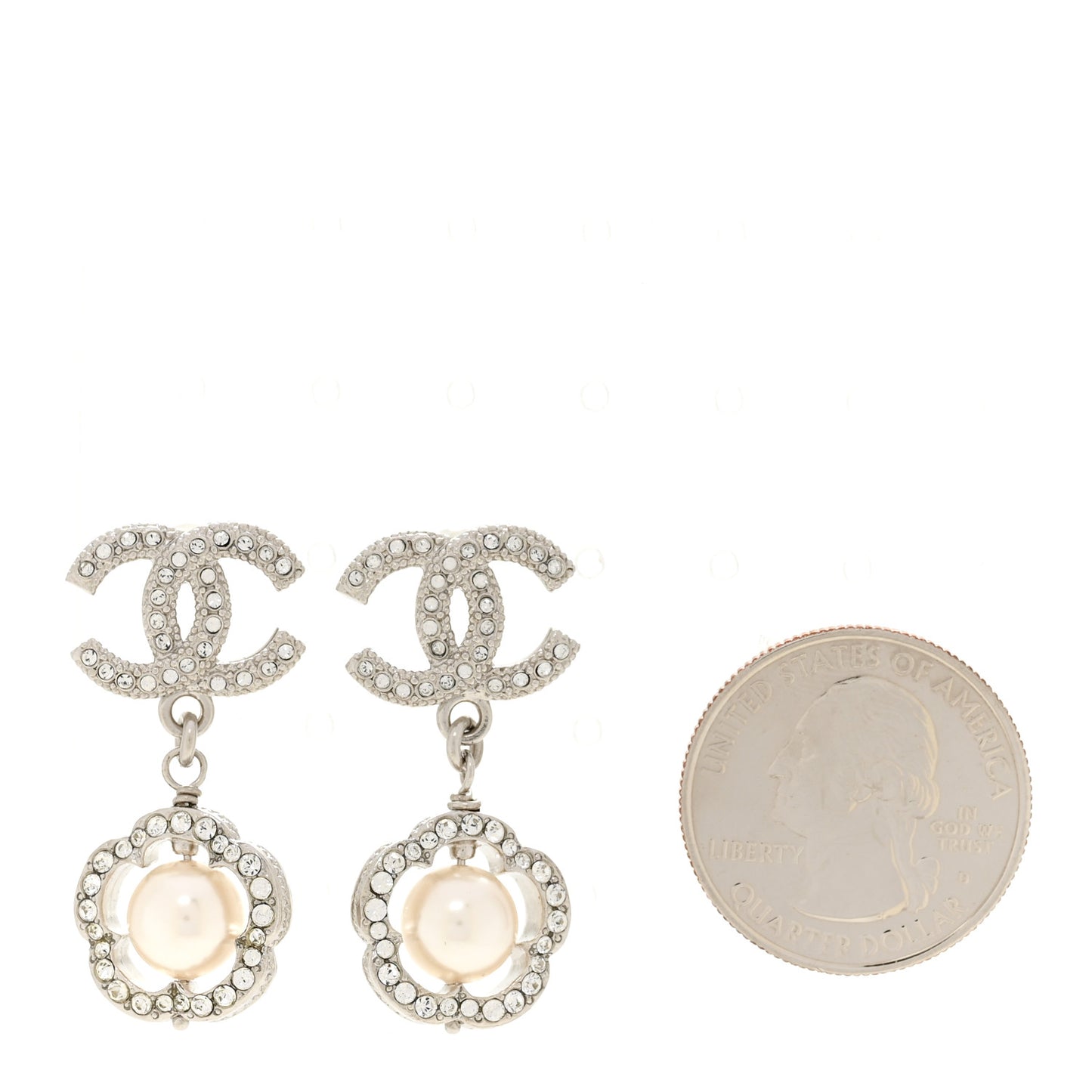 Crystal Pearl Camellia CC Coco Flapper Drop Earrings Silver