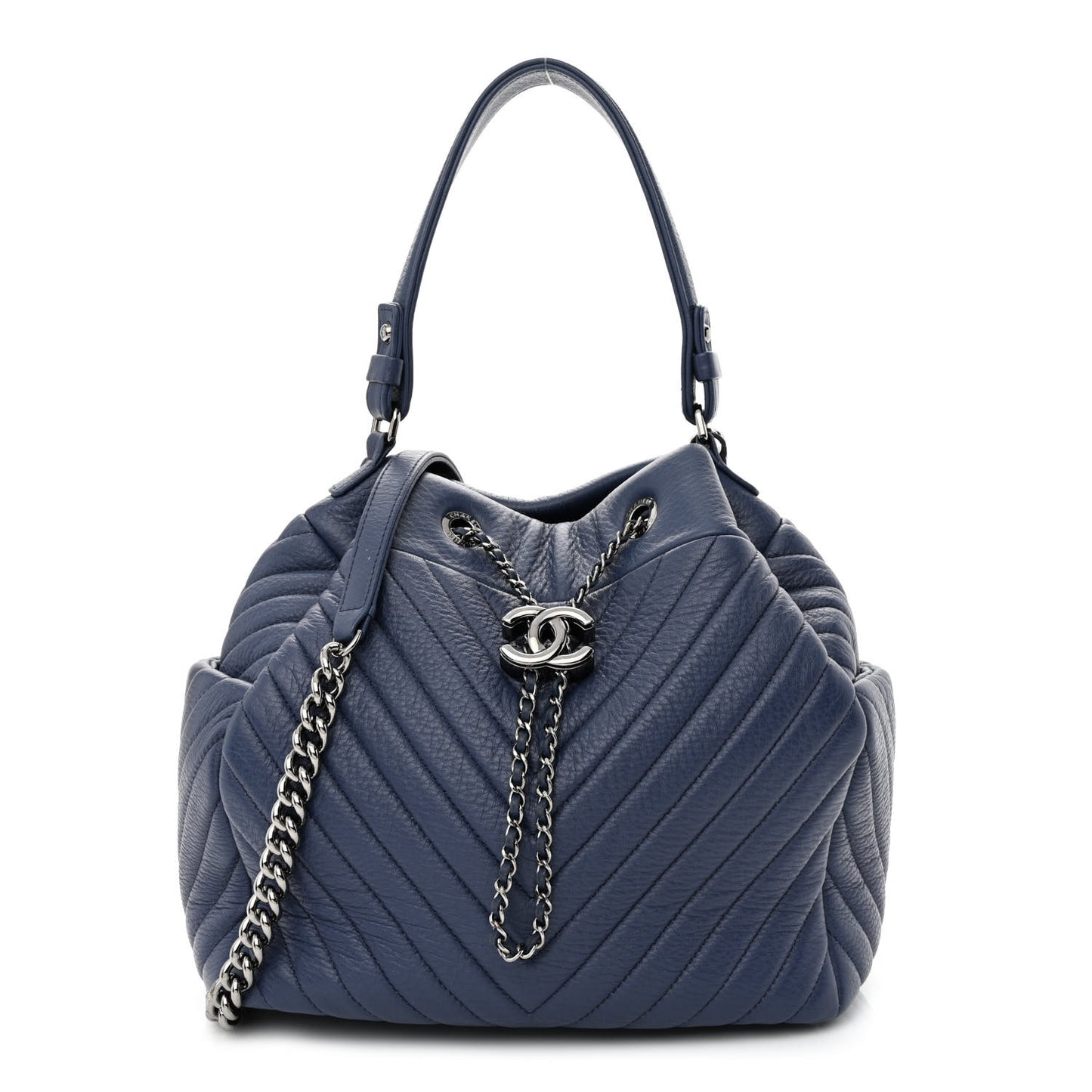 Deerskin Chevron Medium CC Chain Bucket Drawstring Bag Navy Blue