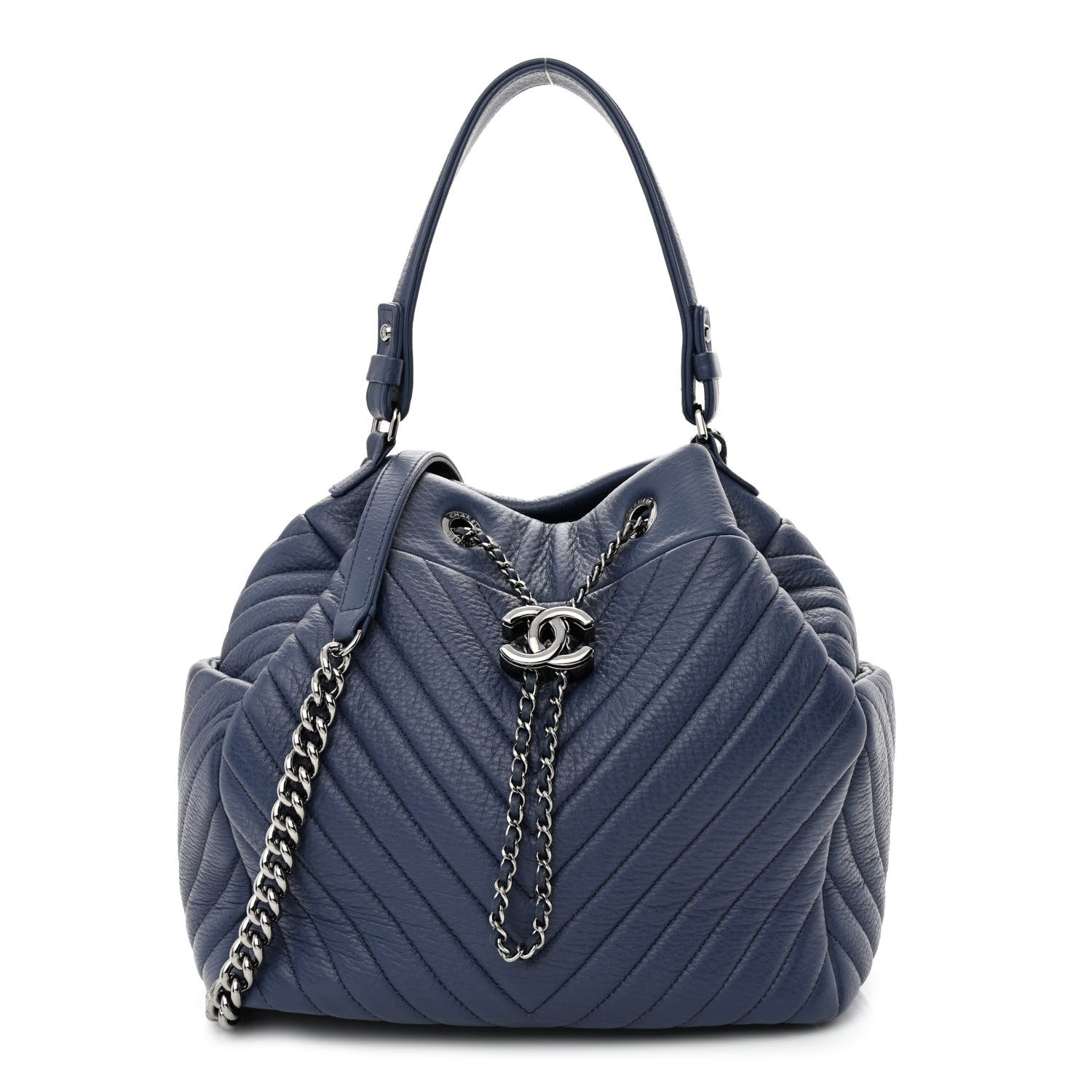 Chanel Deerskin Chevron Medium CC Chain Bucket Drawstring Bag Navy Blue 1 of 9