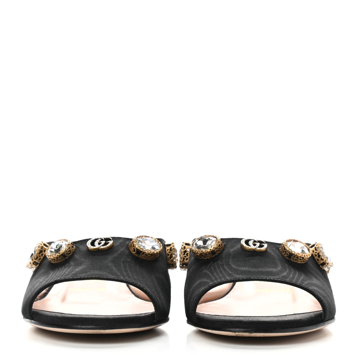 Moire Fabric Crystal Embellished Lyric Slide Sandals 36 Black