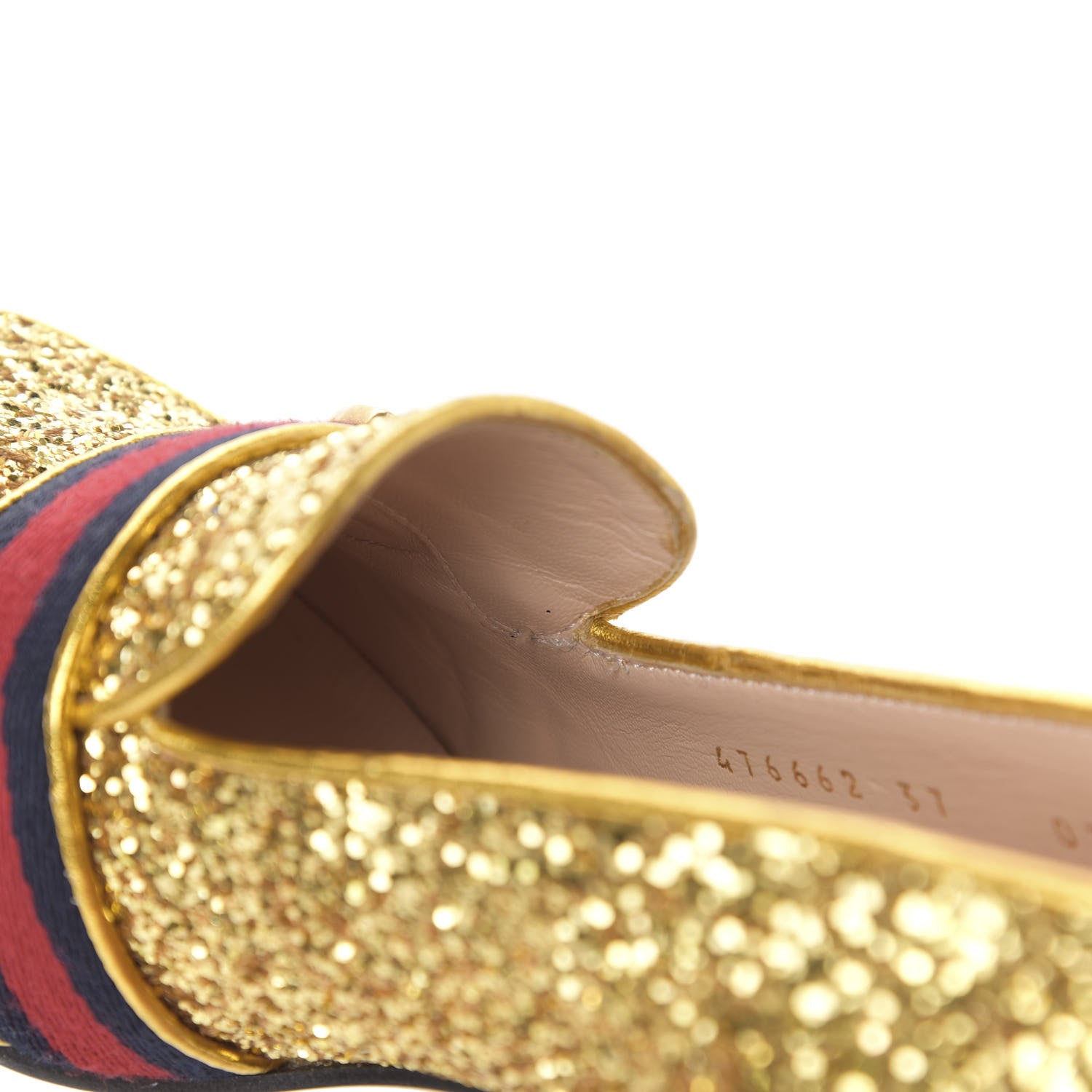 Gucci Glitter Nappa Web Peyton 75mm Loafer Pumps 37 Oro Vecchio 12 of 15