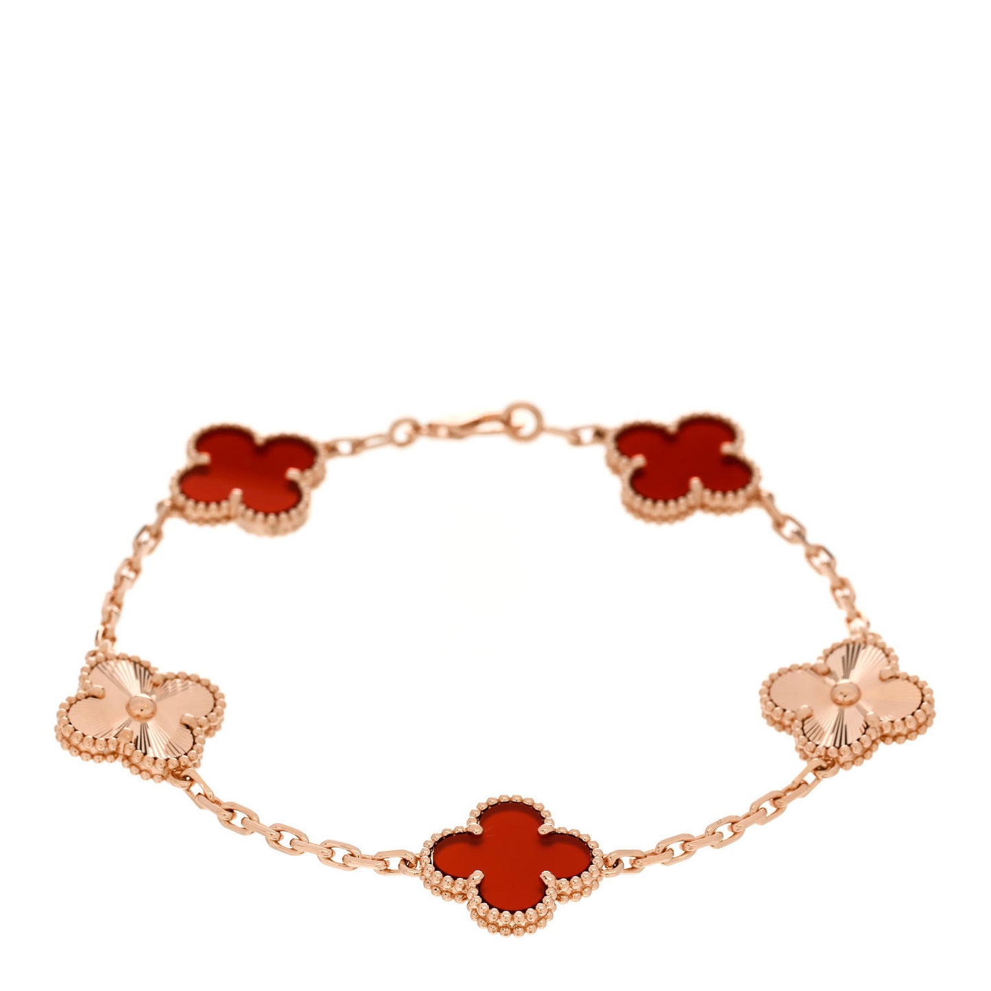18K Rose Gold Carnelian 5 Motifs Guilloche Vintage Alhambra Bracelet