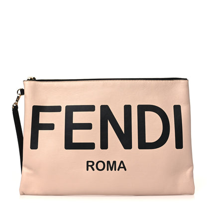 Fendi Vitello Fluffy Grace Logo Embossed Large Flat Pouch Rosa Quarzo Black 1 of 6