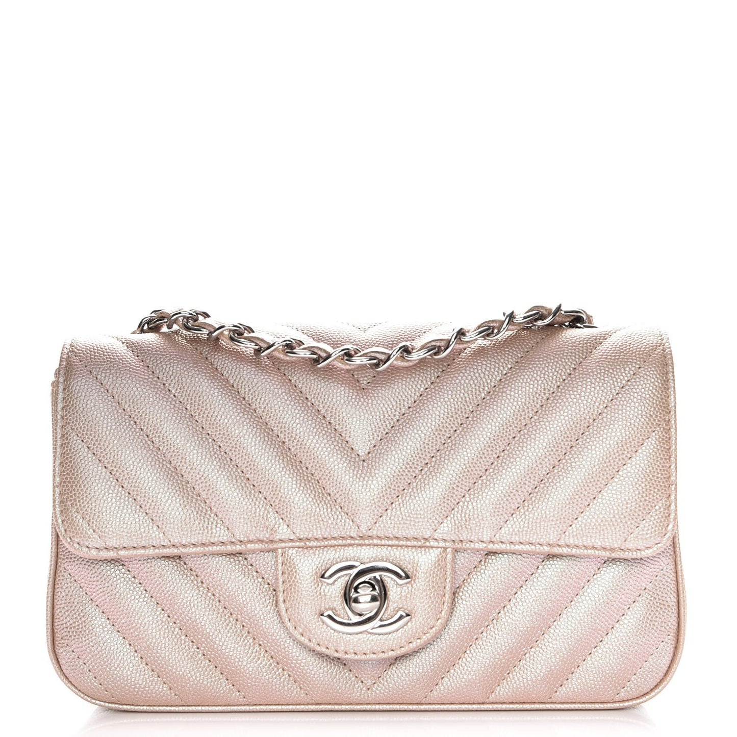 Iridescent Caviar Chevron Quilted Mini Rectangular Flap Light Gold