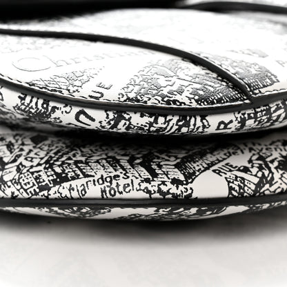 Christian Dior Calfskin Plan De Paris Printed Saddle Bag With Strap White Black 9 of 11