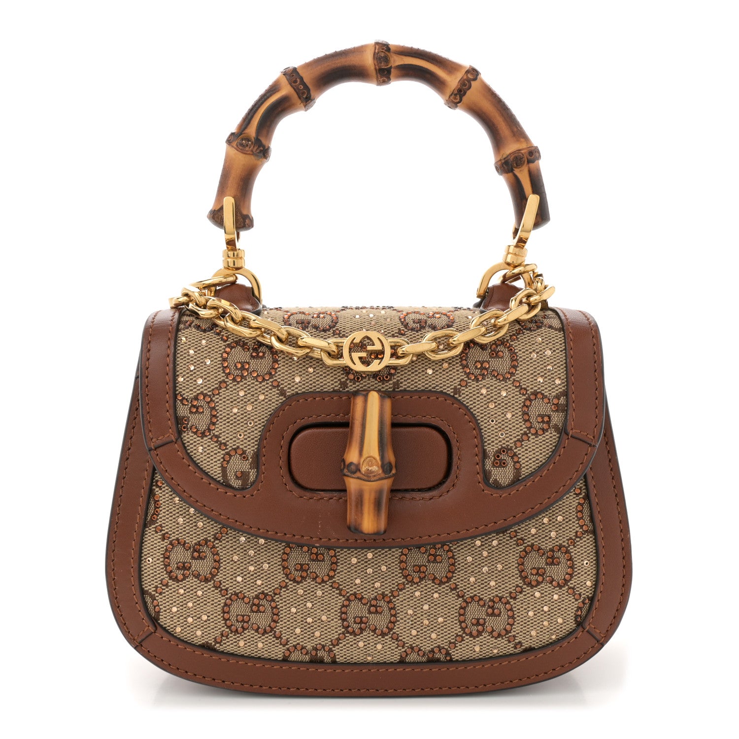 Gucci New Canvas Charisma Calfskin Crystal GG Monogram Small Bamboo 1947 Top Handle Bag Camel Ebony 1 of 10