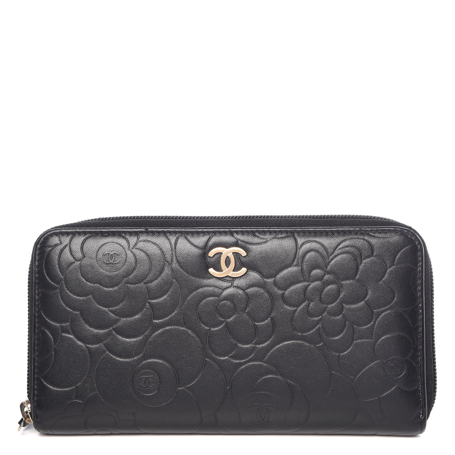 Chanel Lambskin Camellia Embossed Large Zip Around Gusset Wallet Black 1 of 12