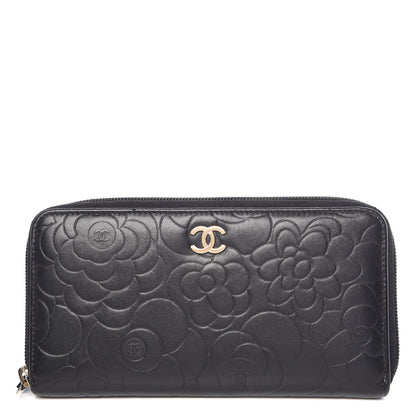 Chanel Lambskin Camellia Embossed Large Zip Around Gusset Wallet Black 1 of 12