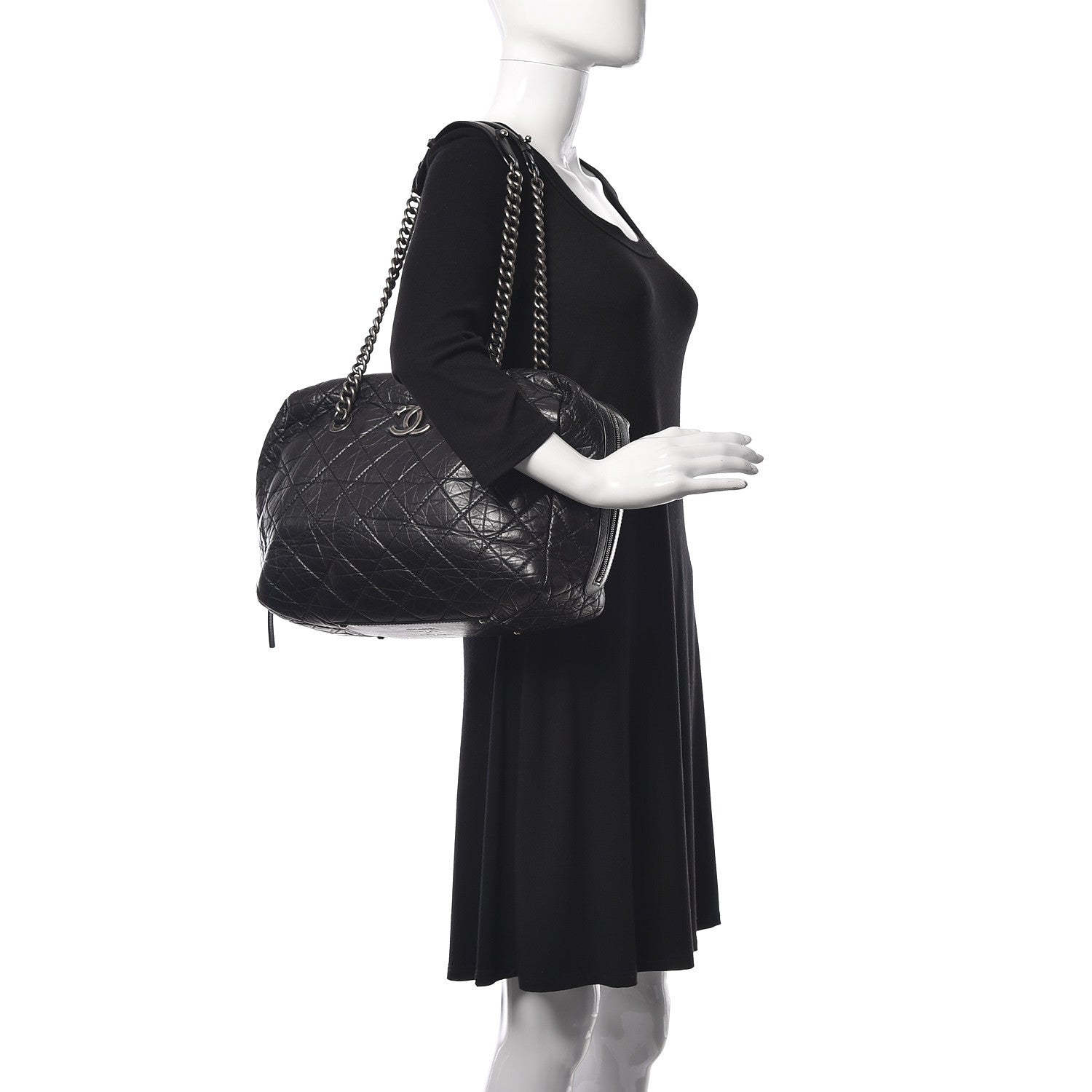 Chanel Aged Calfskin Quilted Large Secret Tag Bowling Bag Black 2 of 13