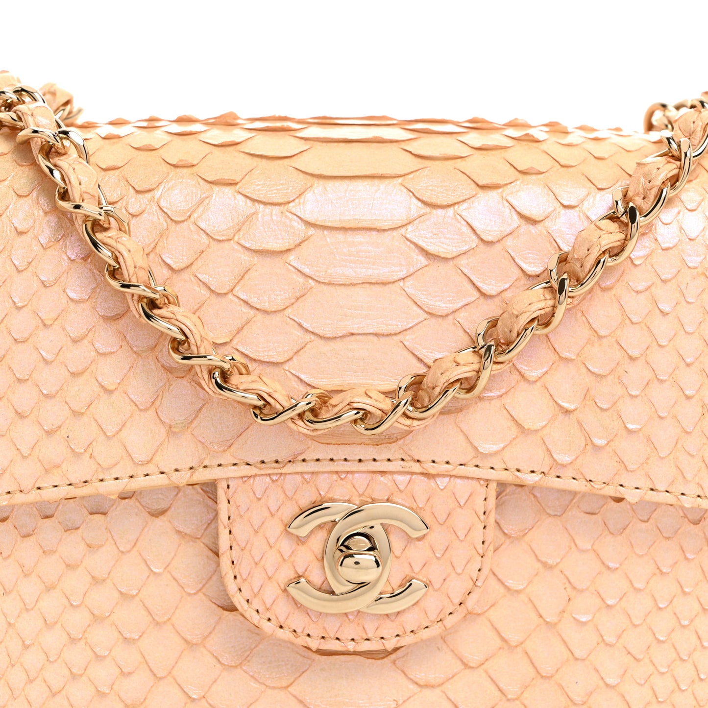 Iridescent Snakeskin Mini Rectangular Flap Beige