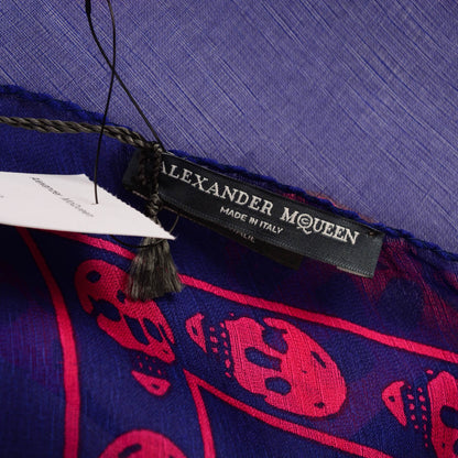 Alexander McQueen Silk Chiffon Skull Scarf Blue Red 5 of 6