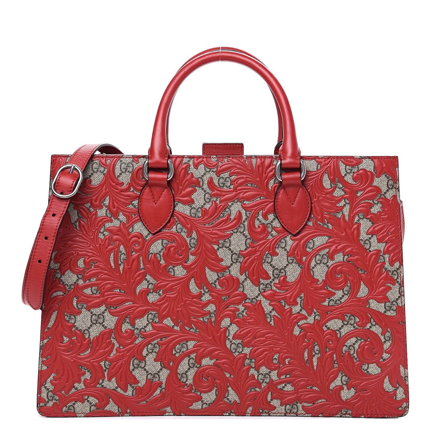GG Supreme Monogram Arabesque Large Top Handle Bag Beige Hibiscus Red