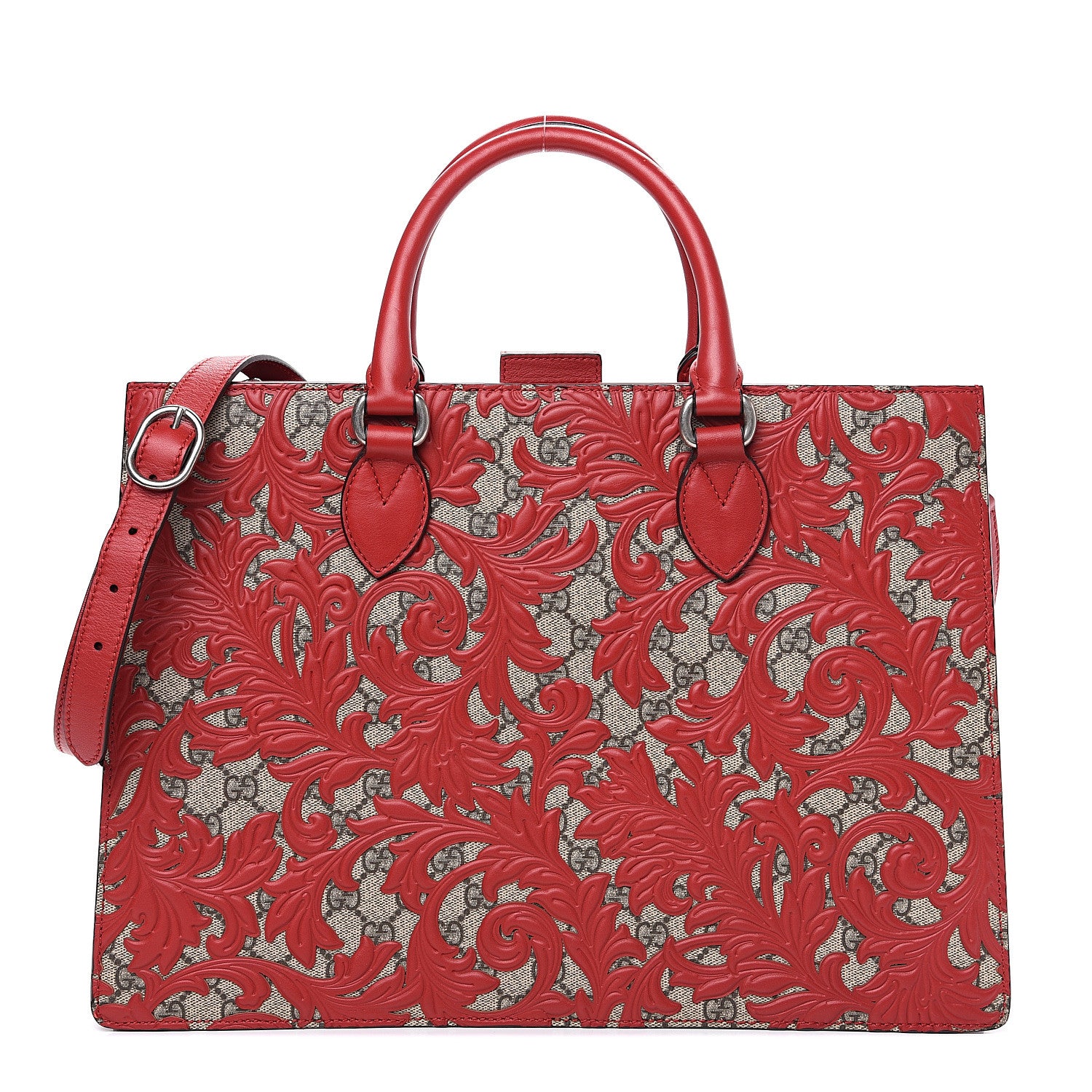 Gucci GG Supreme Monogram Arabesque Large Top Handle Bag Beige Hibiscus Red 1 of 9