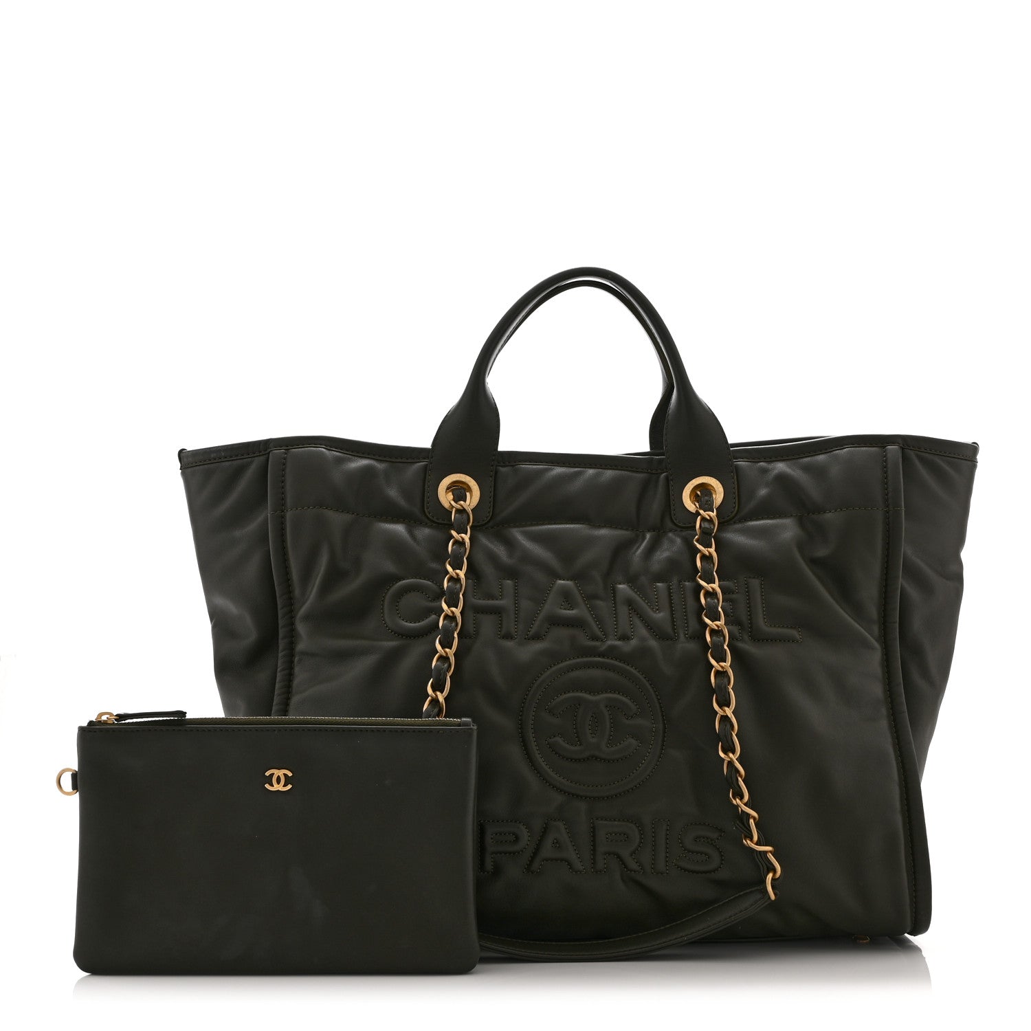 Chanel Calfskin Embossed Medium Deauville Tote Khaki 3 of 13