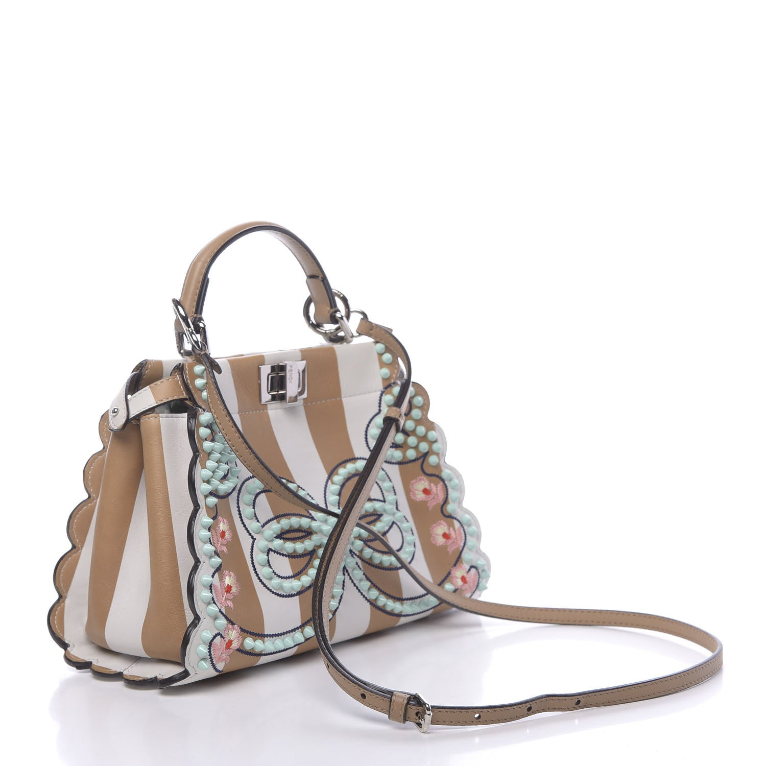 Fendi Vitello Shiny Nappa Pequin Flowers and Bows Scalloped Studded Mini Peekaboo Iconic Satchel Cuoio White Multicolor 3 of 14