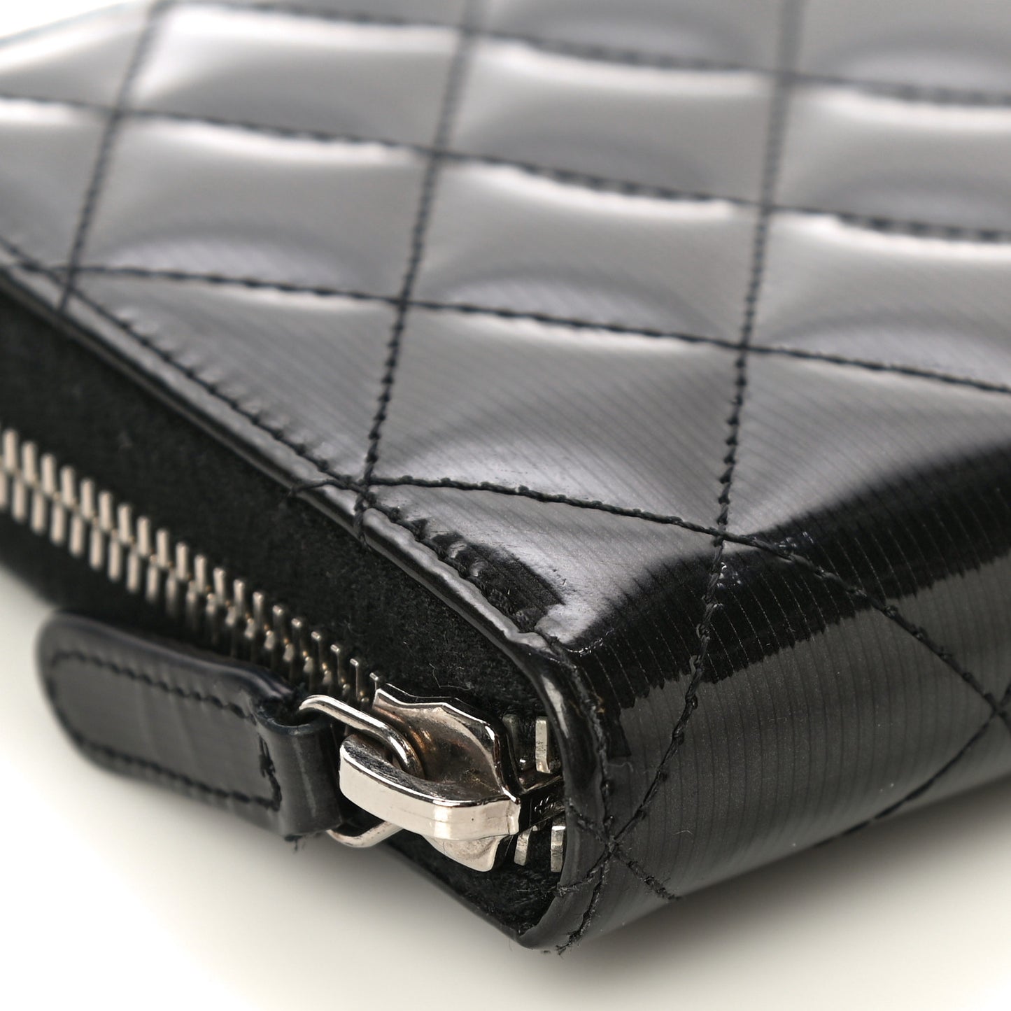Striated Patent Zip Around Wallet Black