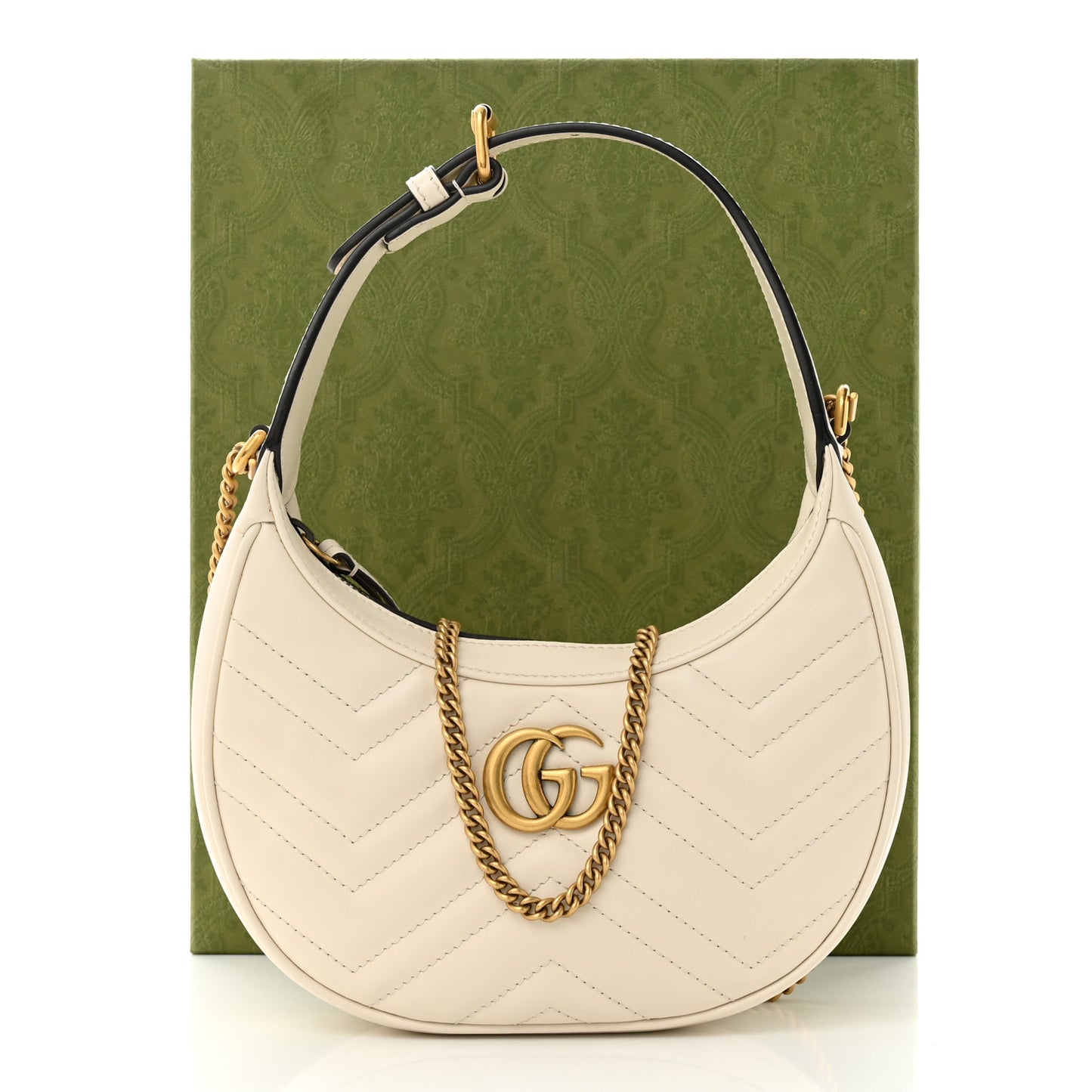 Calfskin Matelasse Chevron Mini GG Marmont Half Moon Hobo Mystic White