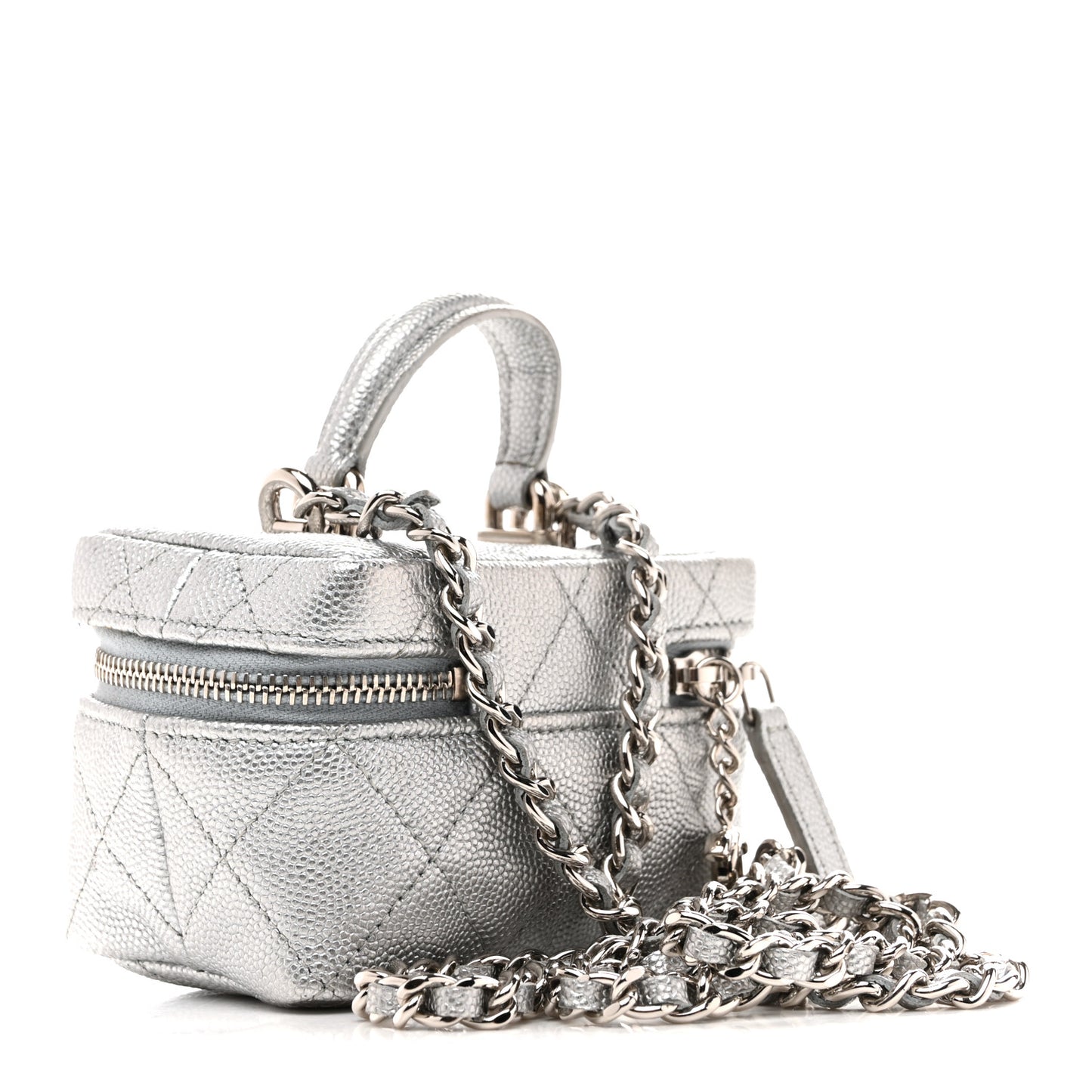 Metallic Caviar Quilted Mini Top Handle Vanity With Chain Silver