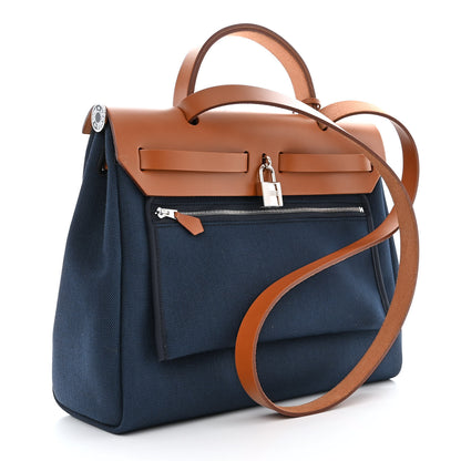 Hermes Toile Officier Vache Hunter Laque Horseshoe Herbag Zip PM 31 Bleu De Malte Natural 4 of 14