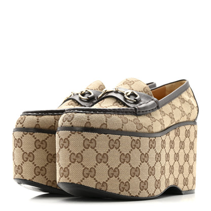 Gucci Canvas GG Monogram Horsebit Calfskin Womens Horsebit Platform Loafers 38 Beige Ebony 4 of 12
