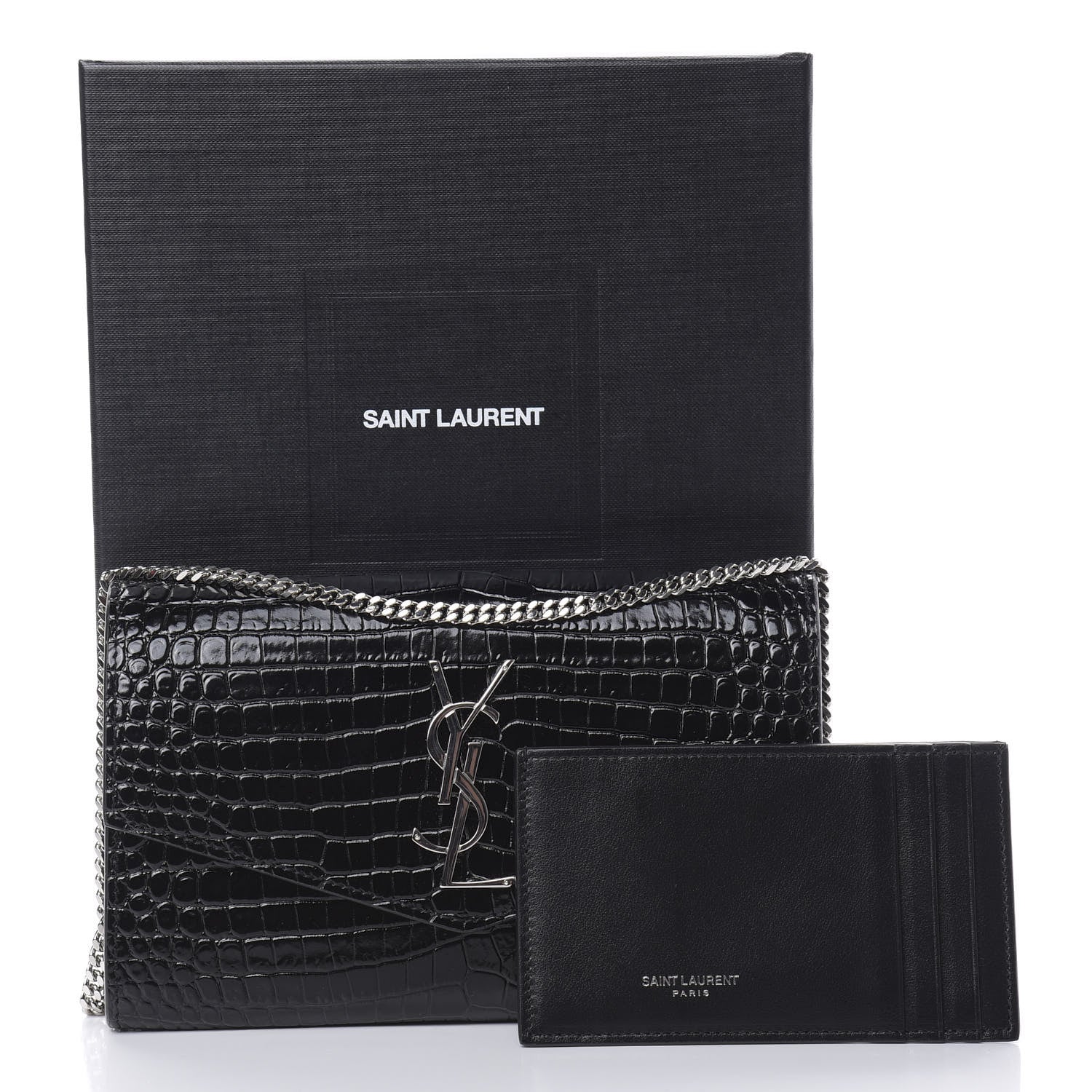 Saint Laurent Calfskin Crocodile Embossed Monogram Uptown Chain Wallet Black 12 of 12