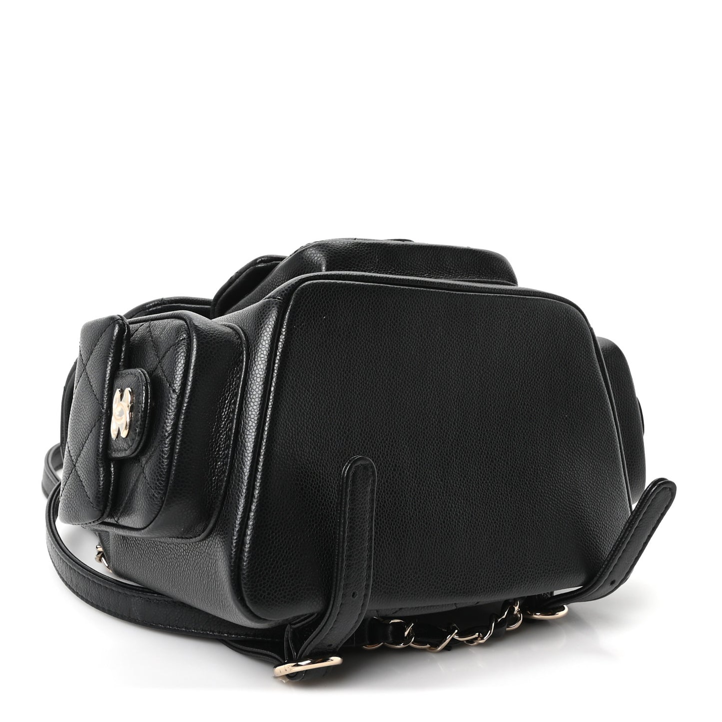 Shiny Caviar Quilted Small Pockets Drawstring Backpack Black