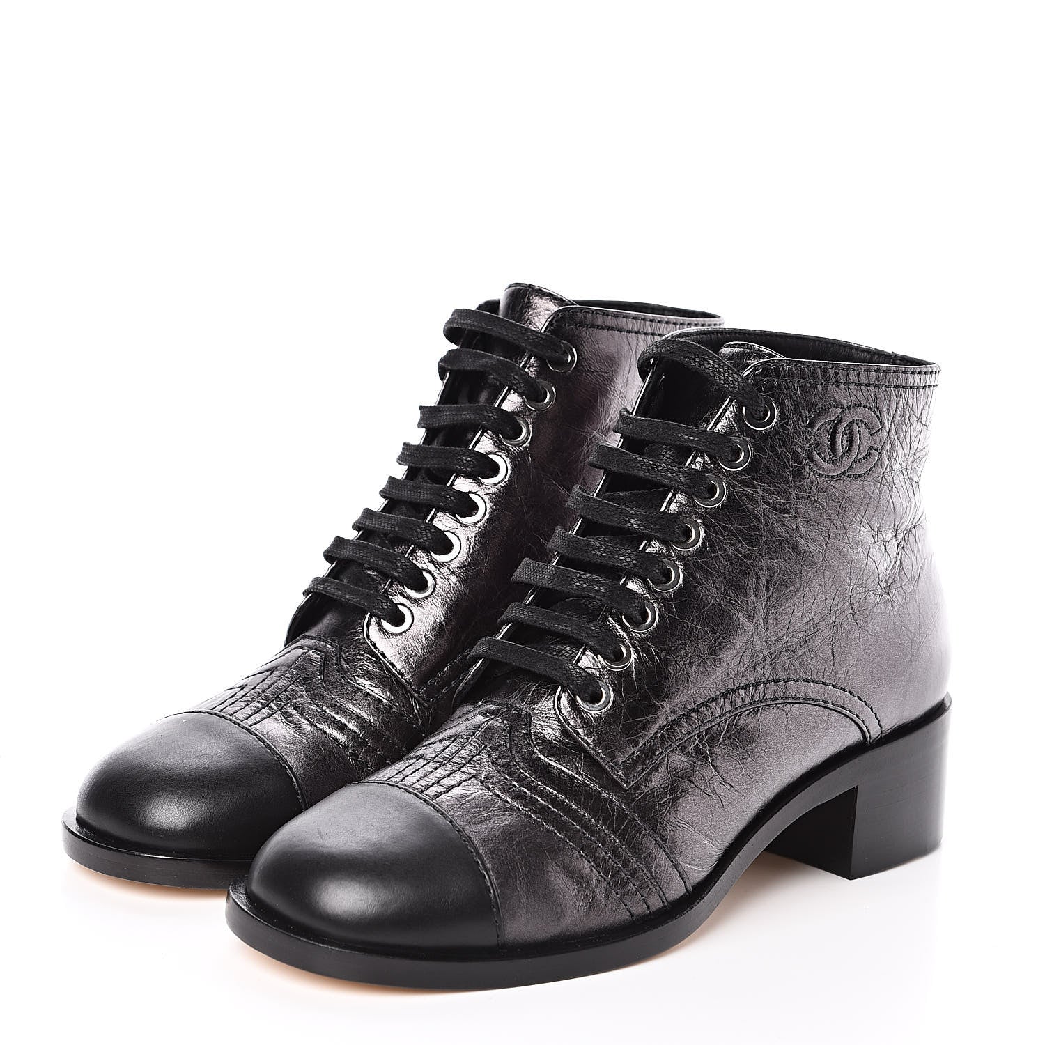 Chanel Metallic Calfskin CC Lace Up Boots 35 Silver Black 3 of 8