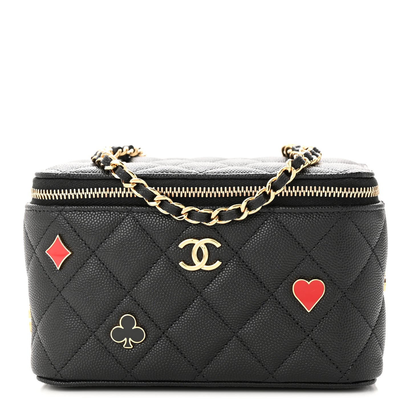 Caviar Quilted Enamel Coco Casino Small Vanity Case With Chain Black