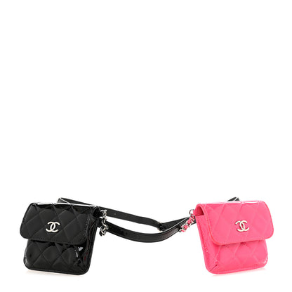 Chanel Patent Quilted Belt In Love Double Mini Flap Waist Bag Black Pink 1 of 16