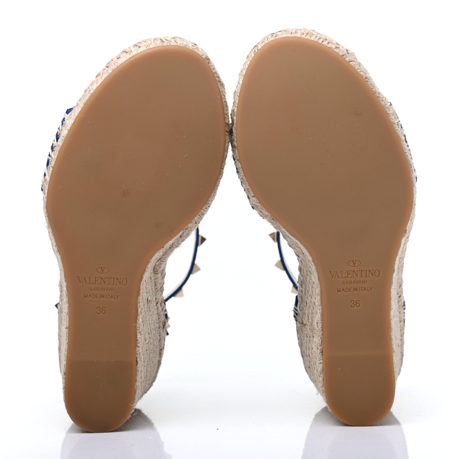 Valentino Garavani Grained Calfskin Rockstud Ankle Strap Espadrille 15/105mm Wedge Sandals 36 Blu Delft Natural 5 of 12