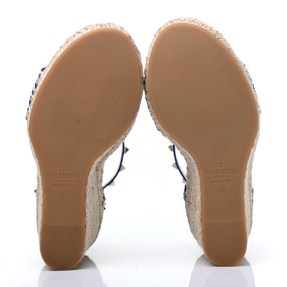 Valentino Garavani Grained Calfskin Rockstud Ankle Strap Espadrille 15/105mm Wedge Sandals 36 Blu Delft Natural 5 of 12