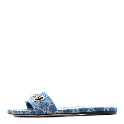 Gucci New Denim GG Monogram Horsebit Flat Slide Sandals 36 Blue 1 of 10