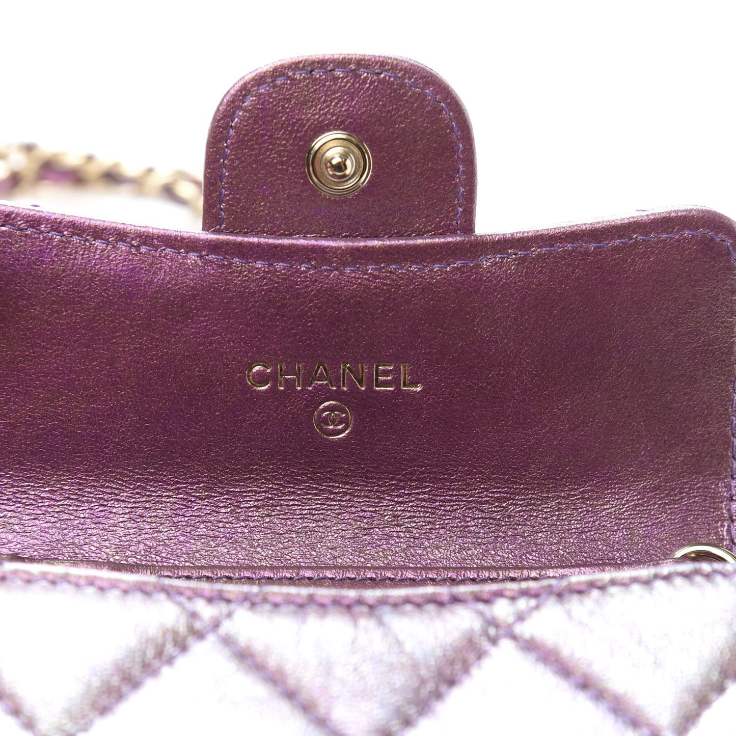 Iridescent Lambskin Quilted Flap Card Holder On Chain Purple