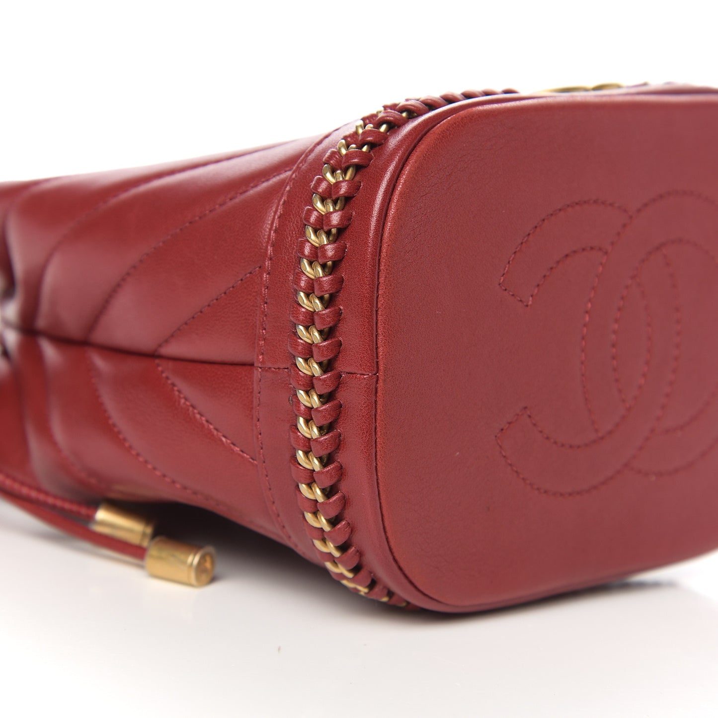 Sheepskin Chevron Quilted Small Drawstring Bag Dark Red