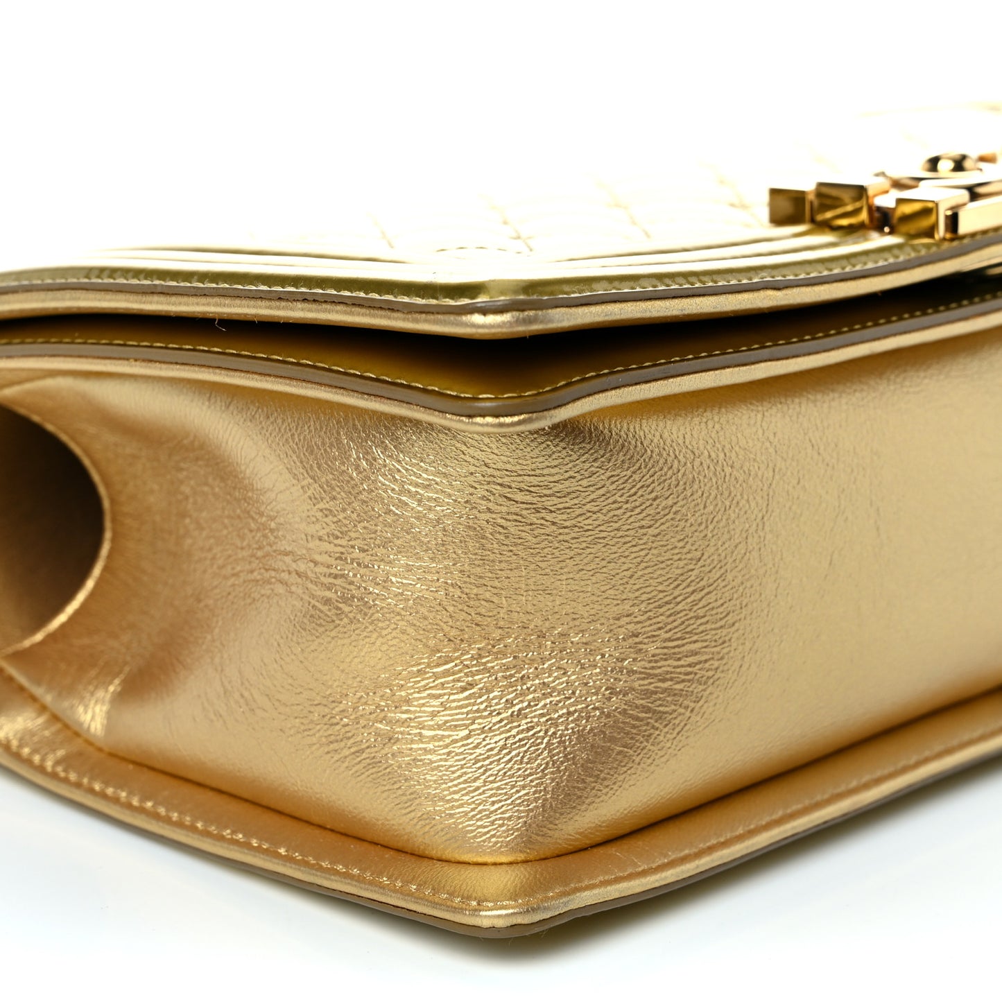 Metallic Patent Calfskin Quilted Medium Boy Flap Gold