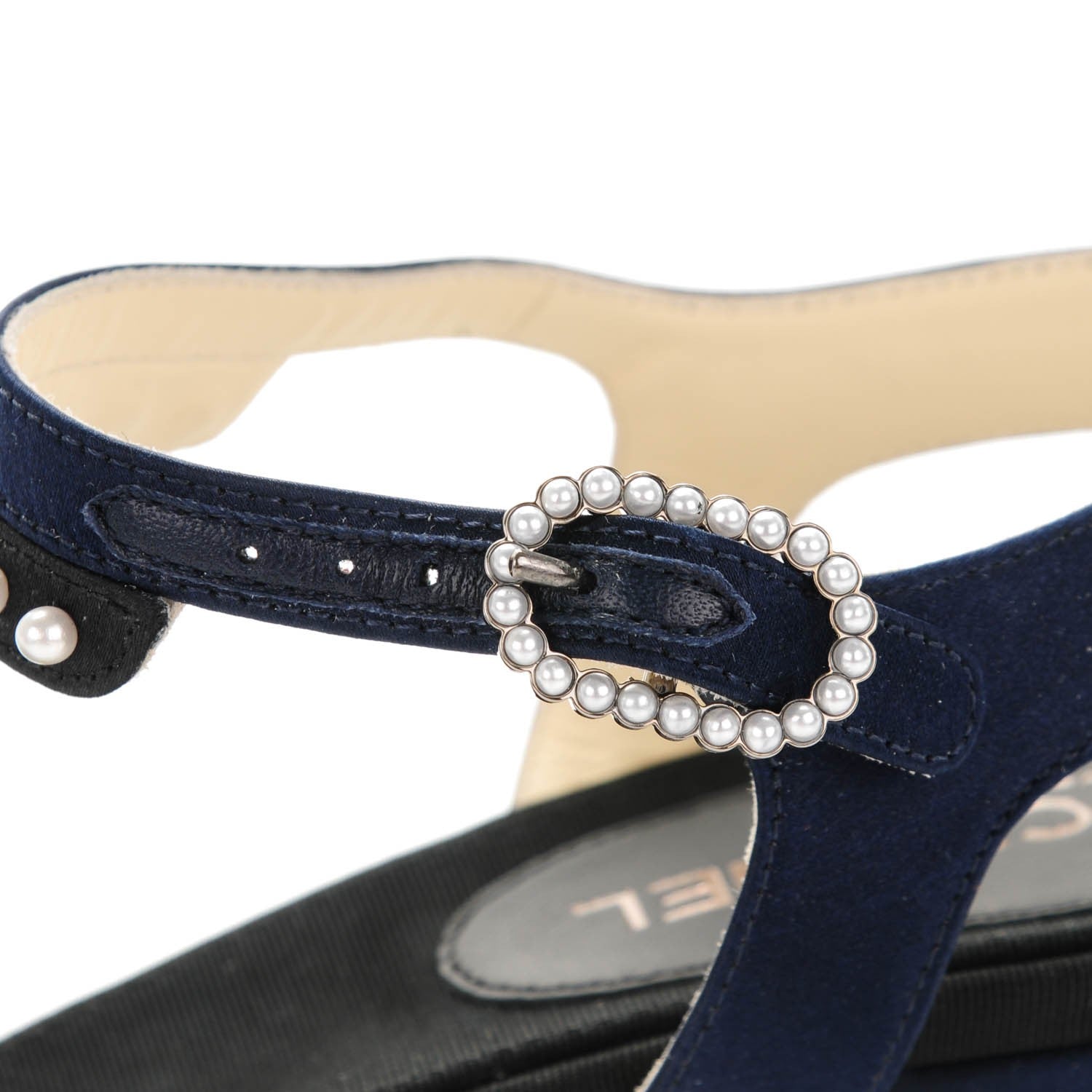 Chanel Satin Pearl Sandals 36.5 Navy Black 8 of 8