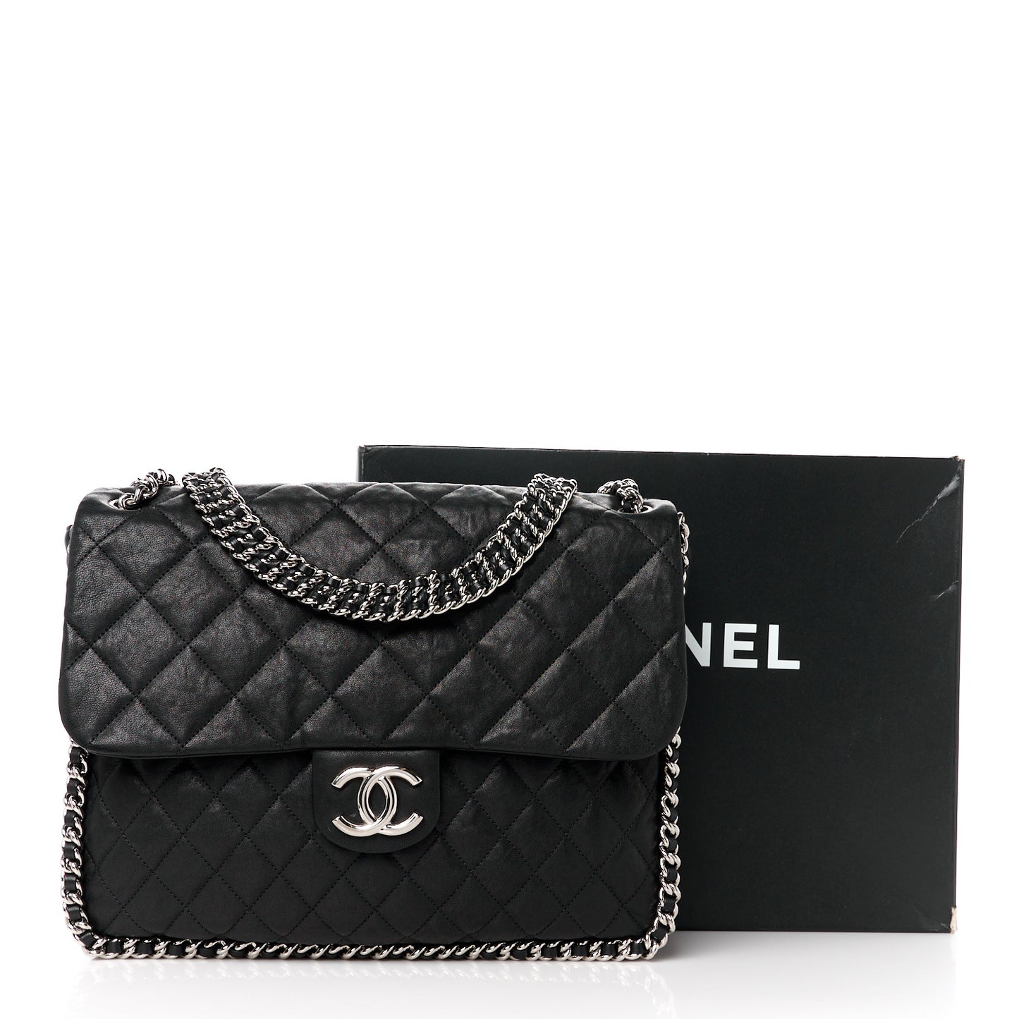 Washed Lambskin Quilted Maxi Chain Around Flap Black