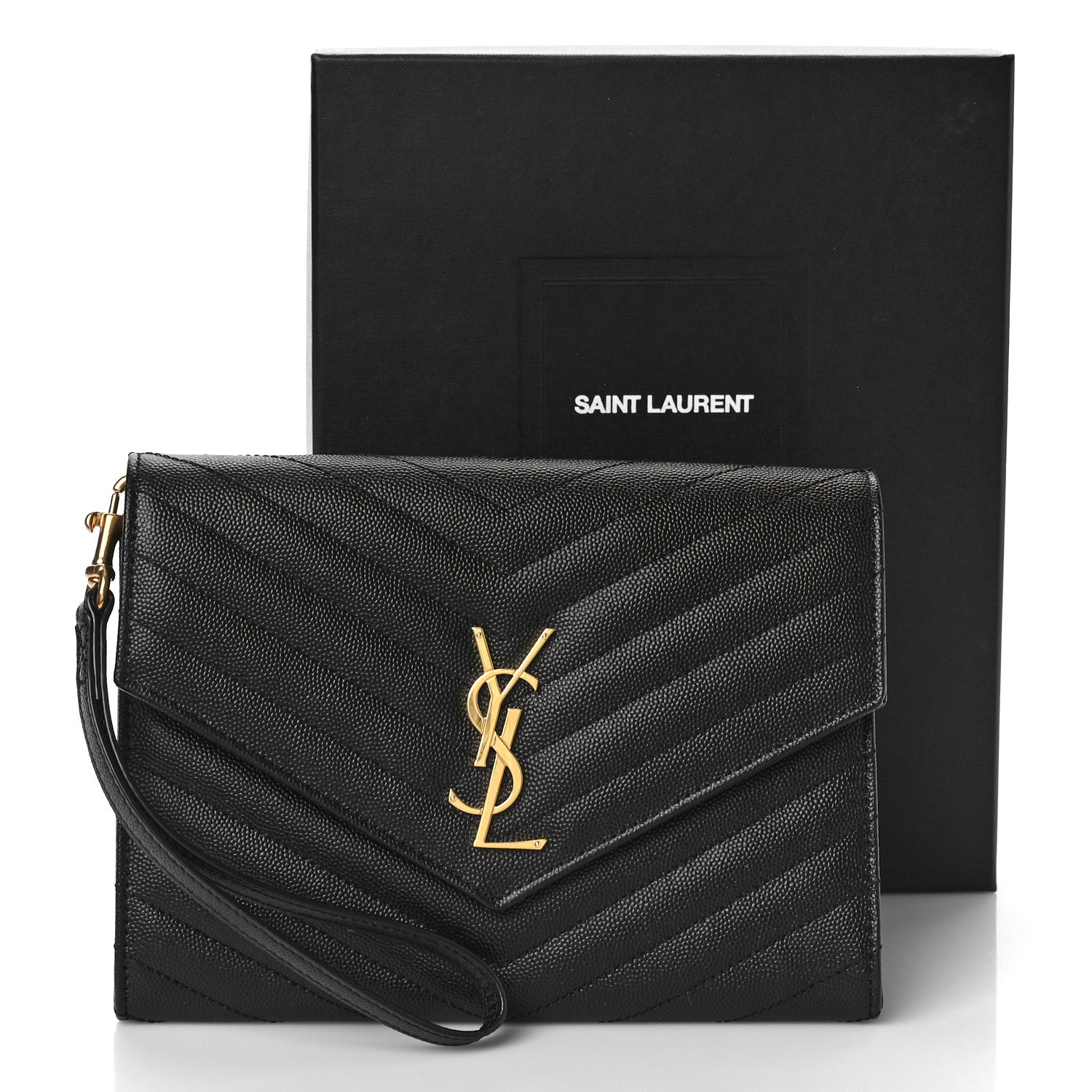 Saint Laurent Grain De Poudre Matelasse Chevron Monogram Envelope Clutch Black 9 of 9