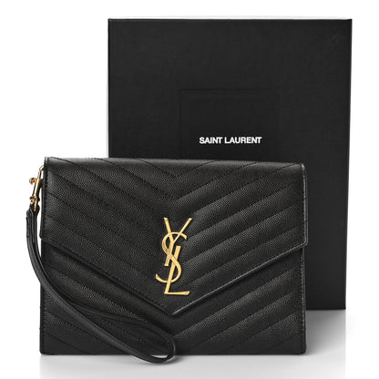 Saint Laurent Grain De Poudre Matelasse Chevron Monogram Envelope Clutch Black 9 of 9